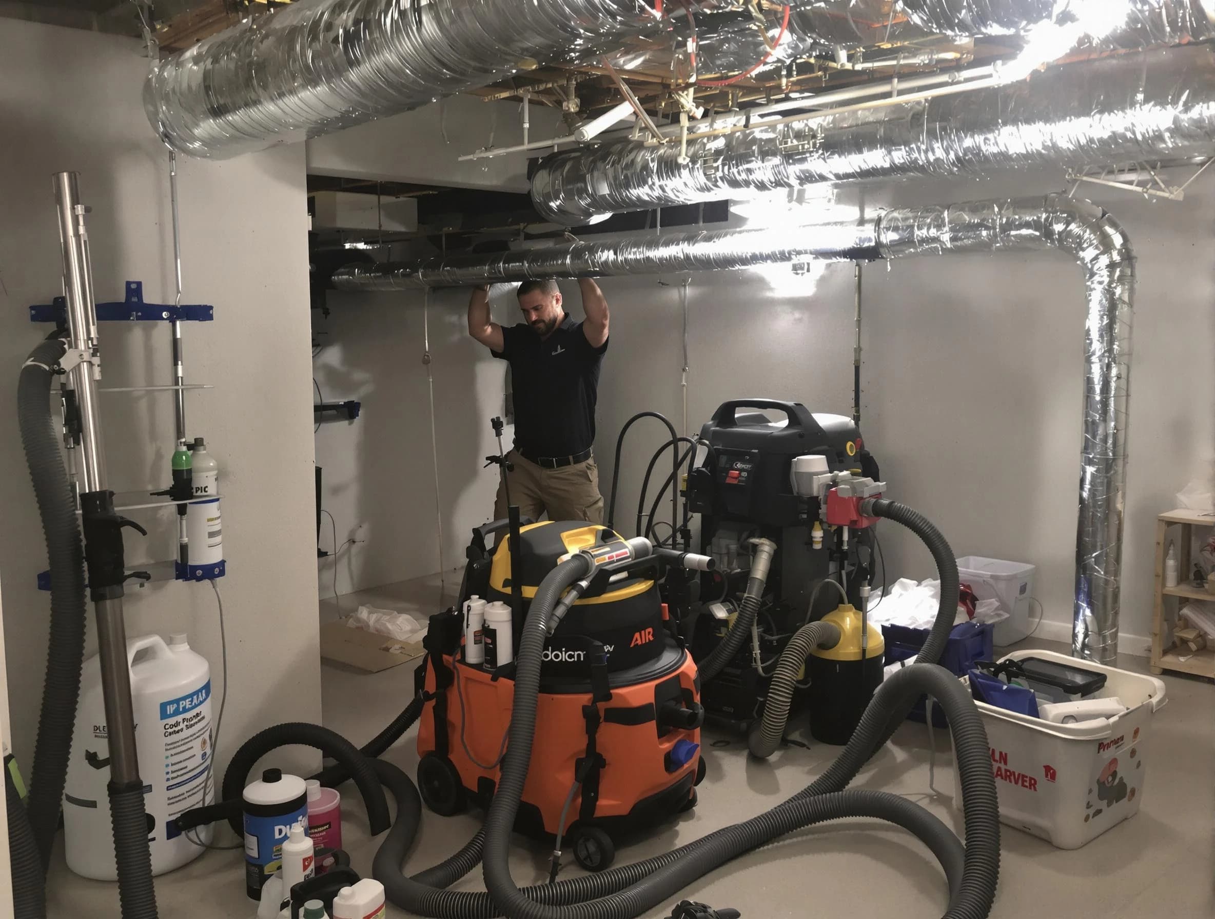 Rancho Cucamonga Air Duct Cleaning specialist performing professional mold removal from air ducts using safety equipment in Rancho Cucamonga