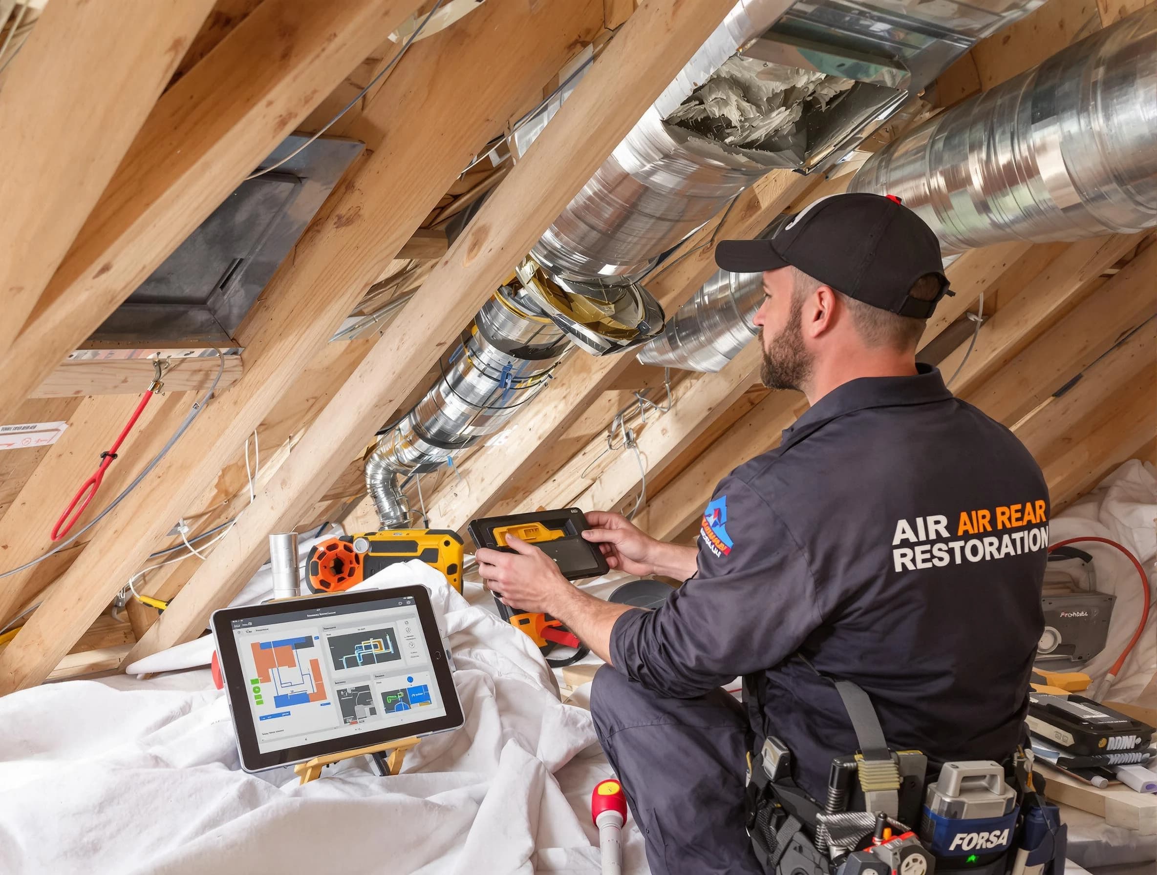 Rancho Cucamonga Air Duct Cleaning technician performing precise duct repair work in Rancho Cucamonga