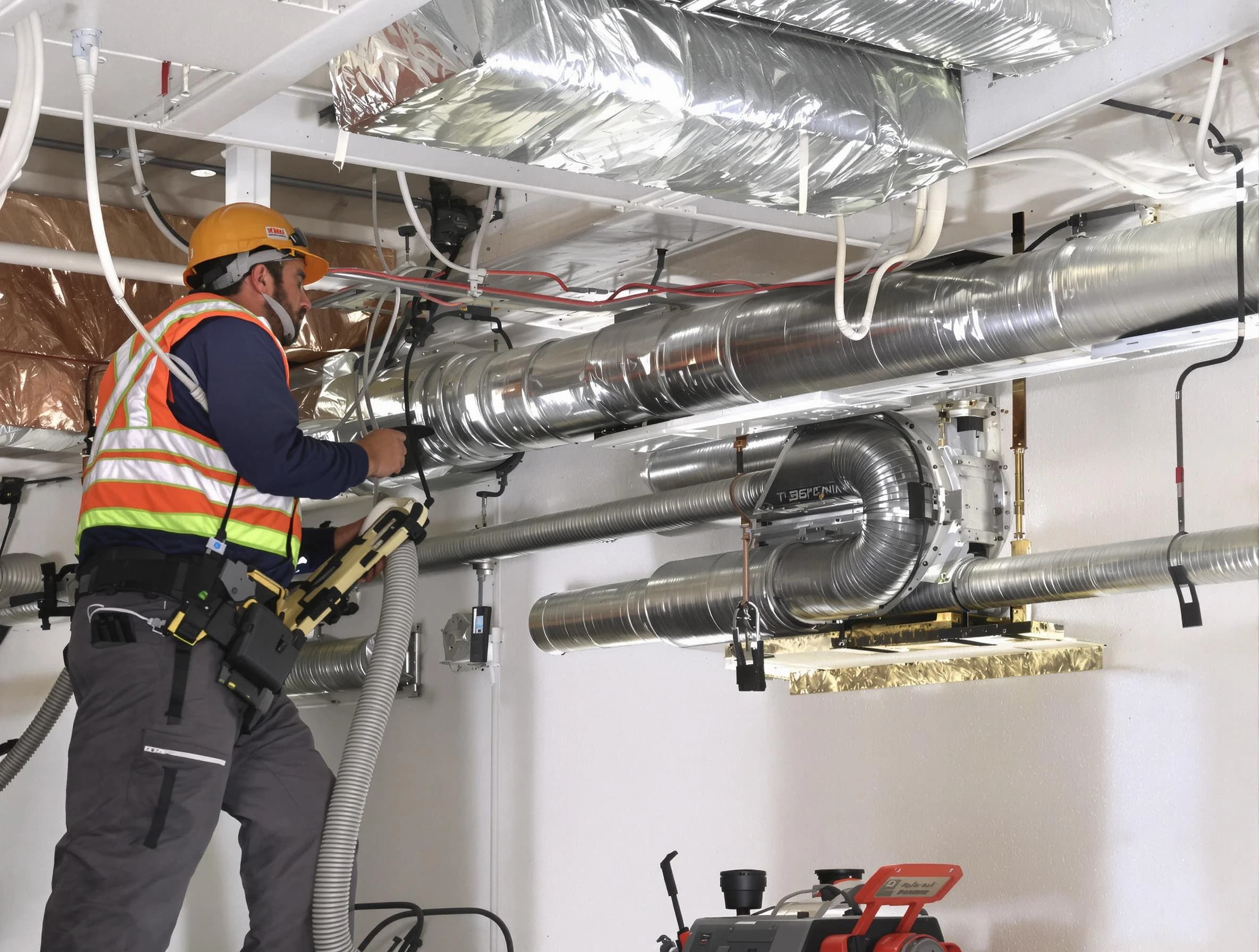 Rancho Cucamonga Air Duct Cleaning technician performing precision vacuum insulation removal in a residential property in Rancho Cucamonga